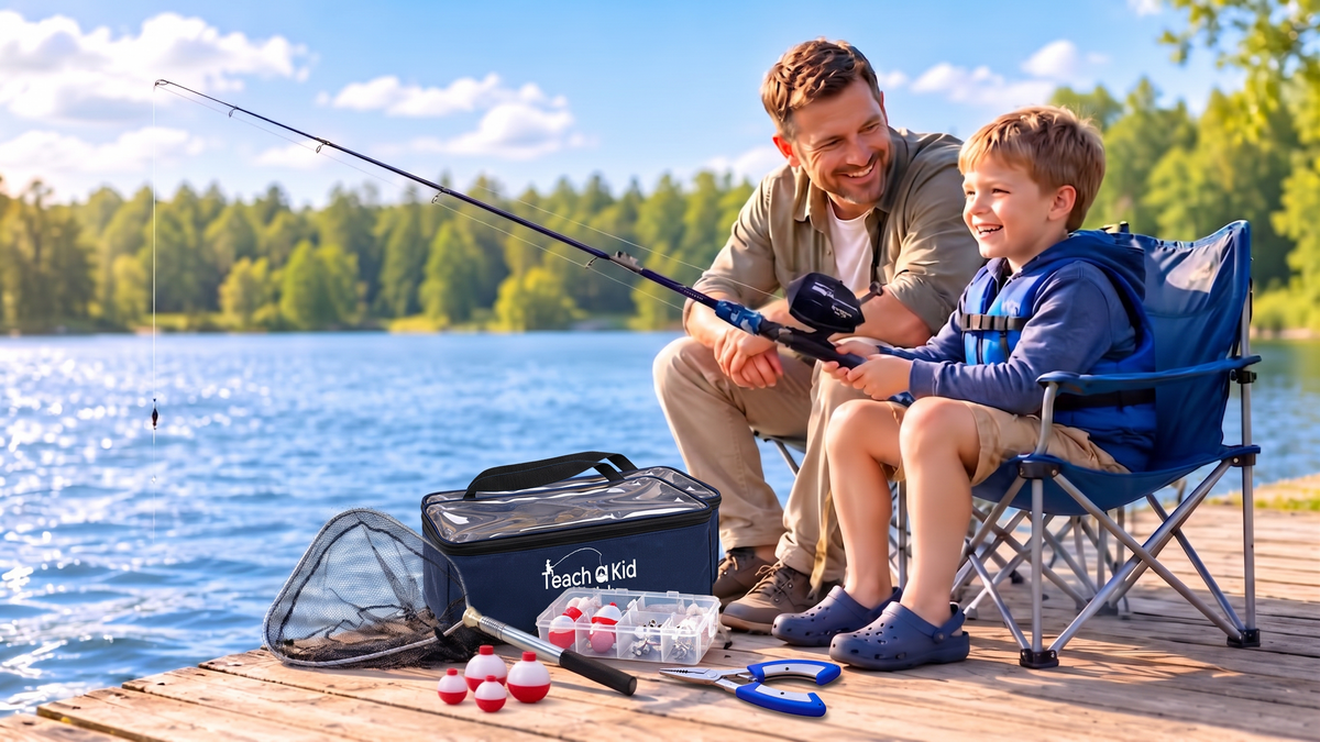 Parent teaching a young child how to fish during a peaceful family lake outing.