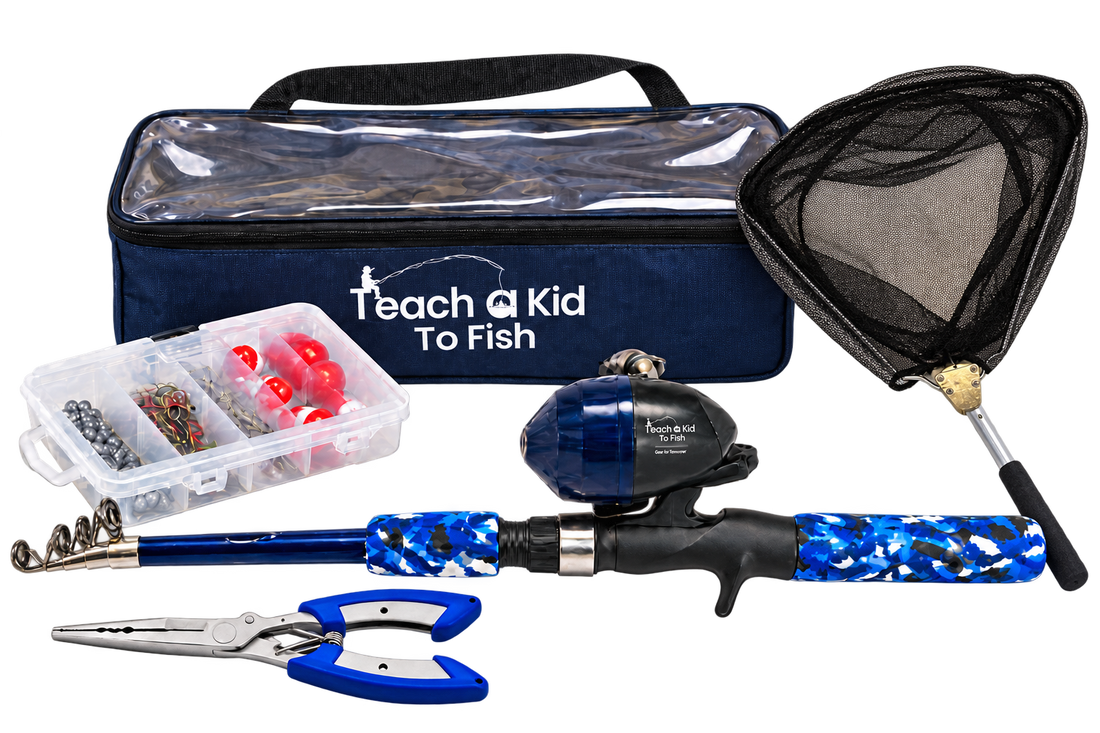 Teach a Kid to Fish kit: rod, reel, tackle box, net, pliers and carry bag