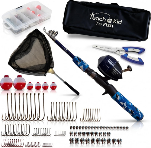 The complete Teach a Kid to Fish kit laid out: rod, reel, tackle box, landing net, hook remover pliers and carry bag
