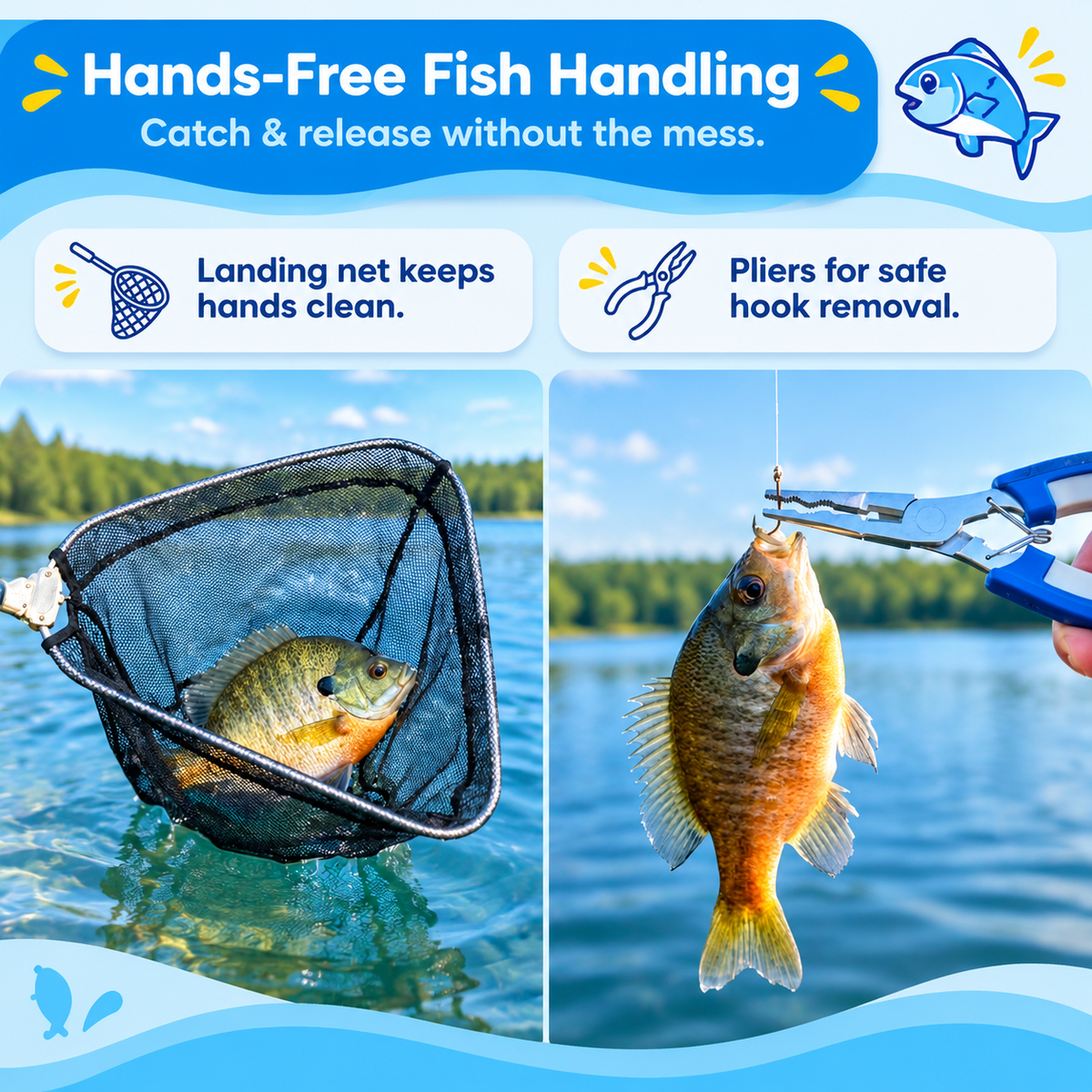 Hands-free fish handling with the landing net and hook remover pliers