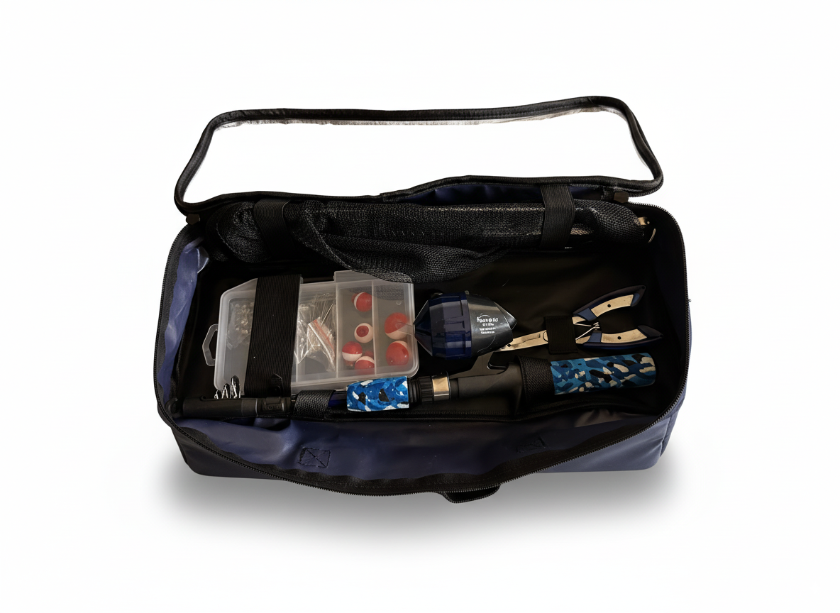 The carry bag open, showing the tackle box, rod, reel and hook remover pliers packed inside