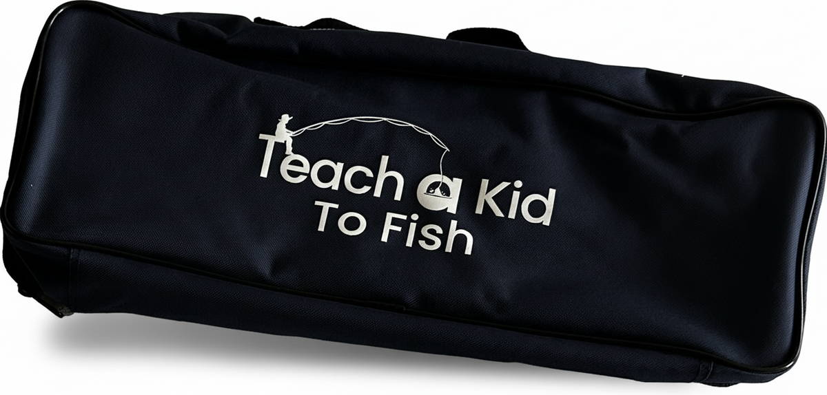 Teach a Kid to Fish branded carry bag that holds the whole kit